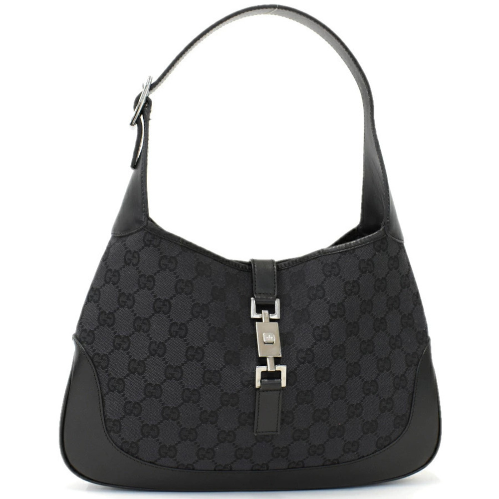 Gucci Hobo Bag Handbag Jackie GG Canvas Leather Black